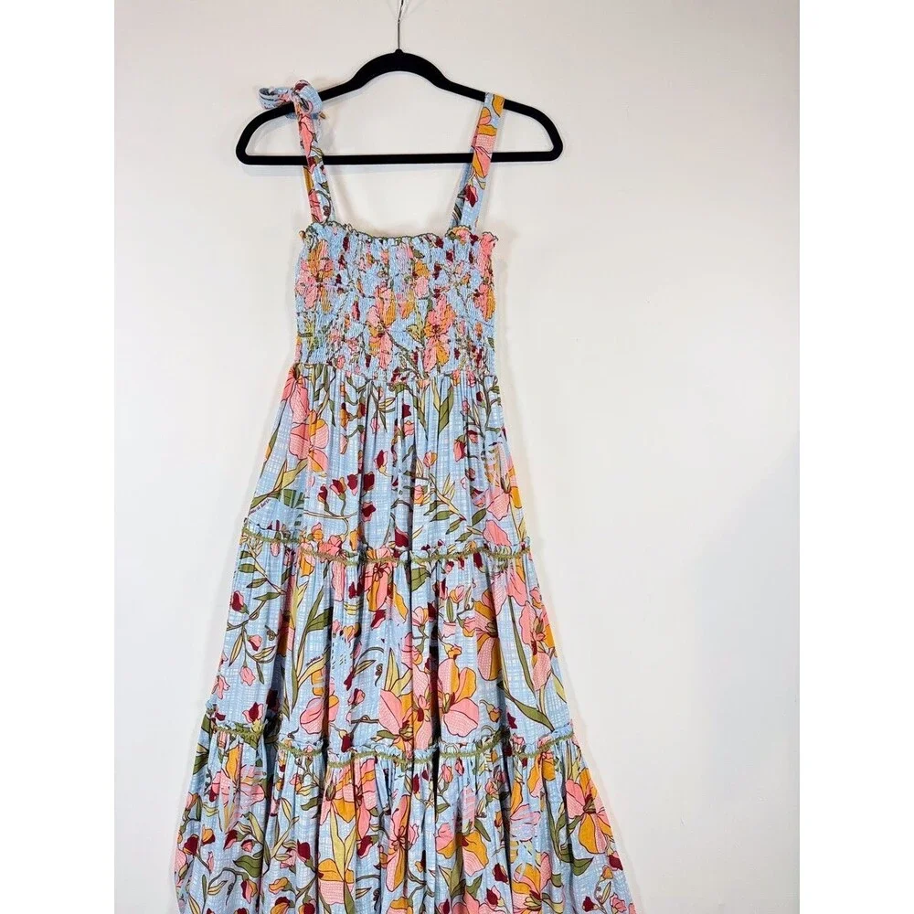 Poupette St Barth Dress Blue Midi Kleid Triny Floral Tank Tiered Smocked Boho XS